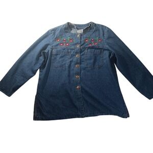 Promises‎ Floral Embroidered Denim Shirt VTG USA 18 (XL) Button Front Boho Indie